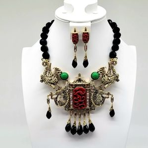 Heidi Daus Clear and Black Diamond Swarovski Crystal Dragon Temple Set with Jade